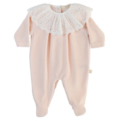 Babygrow laminado com bordado inglês rosa pêssego