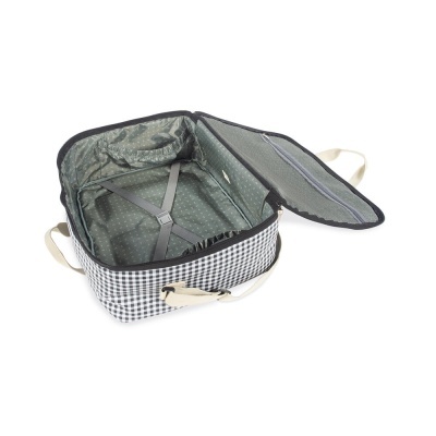 Mala de viagem pequena xadrez preto e branco aberta com interior cinza