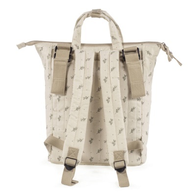 Mochila bege com padrão de folhas verdes e alças caqui