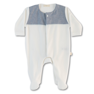Babygrow Laminado pérola com peito azul sem gola Riverside Baby Gi