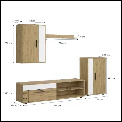 Conjunto de móveis em madeira clara e branco com medidas anotadas, incluindo armário suspenso, prateleira, móvel com gavetas e armário de chão.