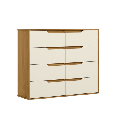 Cómoda de madeira com seis gavetas castanha clara e branco creme