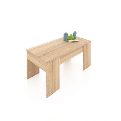 Mesa retangular de madeira clara com frutas e garrafas em cima