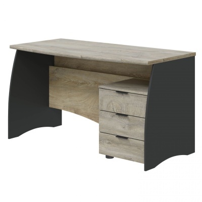 Secretária de madeira castanho claro com laterais pretas e três gavetas