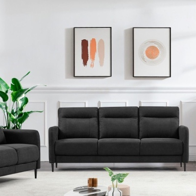 sofá cinzento escuro de três lugares numa sala com paredes brancas, duas pinturas e planta