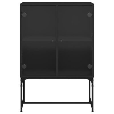 Móvel de armazenamento com portas de vidro escuro e estrutura metálica preta