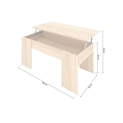 Mesa de madeira clara com tampo elevatório e dimensões em cm