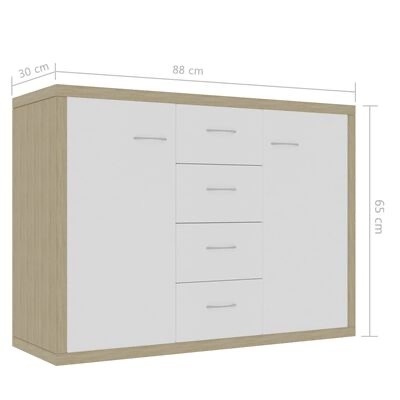 Cómoda em madeira castanho claro com portas e gavetas brancas e puxadores metálicos