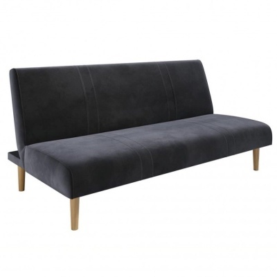 Sofá cama cinza escuro com pernas de madeira clara