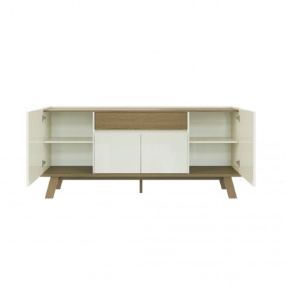 Aparador em madeira com portas e gaveta em diferentes tons de branco e madeira