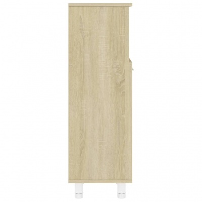 Armário de cozinha estreito de madeira clara com pernas brancas ajustáveis.