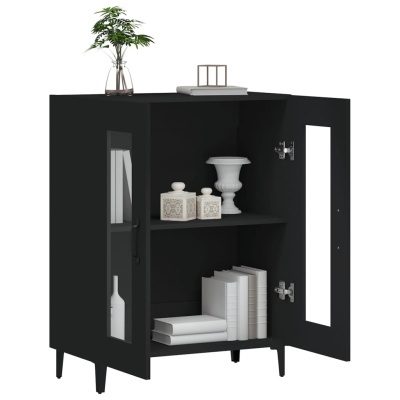 Armário preto com duas portas, uma com vidro, com decoração interna e plantas no topo.