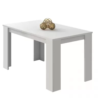 Mesa branca retangular com três bolas decorativas castanhas claras sobre o tampo