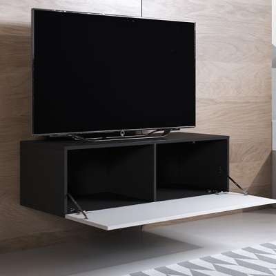 Móvel suspenso preto e branco com televisão preta ecrã plano