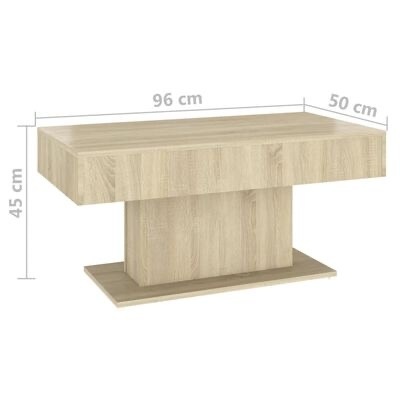 Mesa de centro retangular em madeira clara com medidas 96x50x45 cm em fundo branco