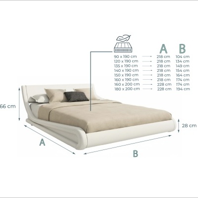Cama estofada branca com roupa bege e lista de dimensões em centímetros