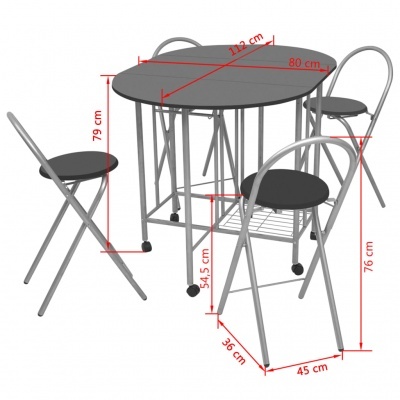 Conjunto de mesa e cadeiras dobráveis cinza com dimensões em vermelho