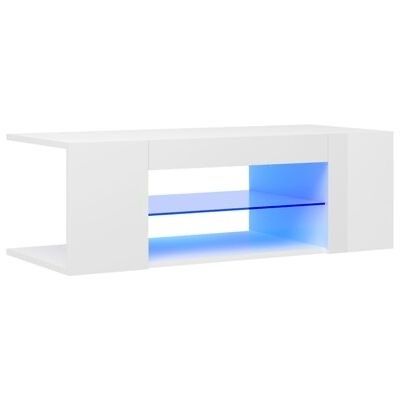 Móvel de sala de estar branco com prateleira de vidro azul iluminada