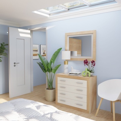 Cómoda de madeira clara com gavetas brancas e espelho quadrado numa decoração de quarto luminosa