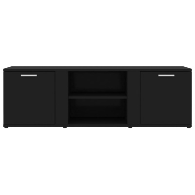 Móvel de televisão preto com duas portas e prateleiras abertas no centro.