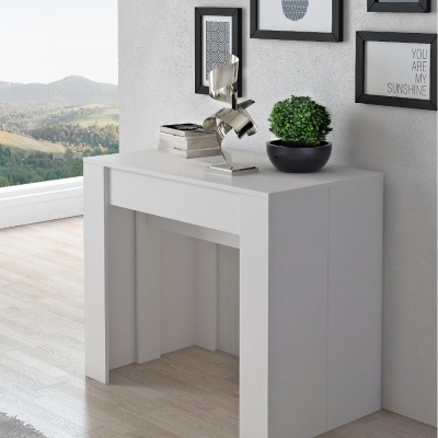 Mesa de consola branca com objeto decorativo metálico e planta sobre ela, ao lado de uma parede com quadros decorativos.