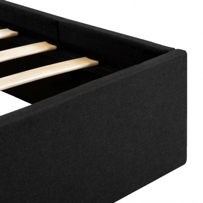 Base de cama preta com ripas de madeira