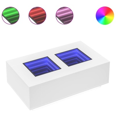 Caixa branca com luzes LED azuis em efeito infinito e círculos de cores diferentes acima