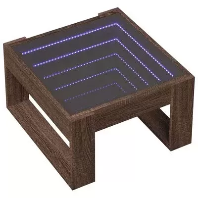 Mesa quadrada de madeira com tampo de vidro negro e luzes LED azuis