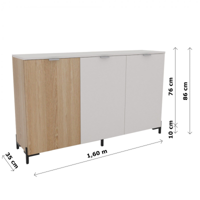 aperador madeira três portas cor branca e madeira clara com pés pretos e medidas