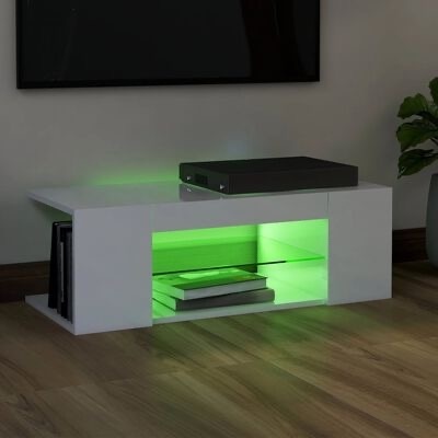 Móvel de TV branco com iluminação interior verde e dispositivos.