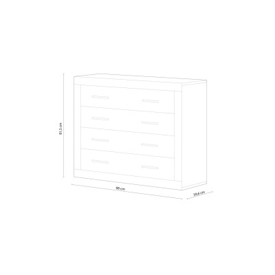 Desenho técnico de cómoda com quatro gavetas e medidas anotadas