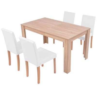 Conjunto de mesa de madeira clara com quatro cadeiras brancas.