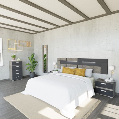 Quarto moderno com cama branca, cabeceira preta, móveis pretos e decoração minimalista