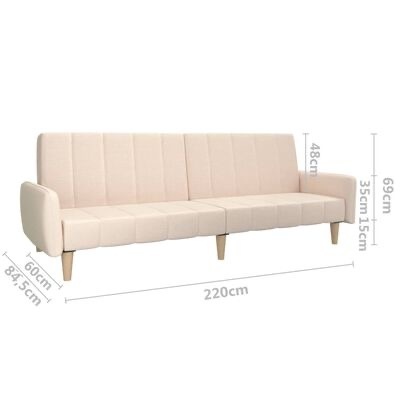 sofá cama bege claro com pernas de madeira e medidas em fundo branco