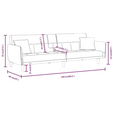 Desenho esquemático de sofá com medidas em centímetros e polegadas.
