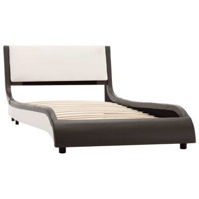 Cama de solteiro com estrutura madeira escura e cabeceira branca