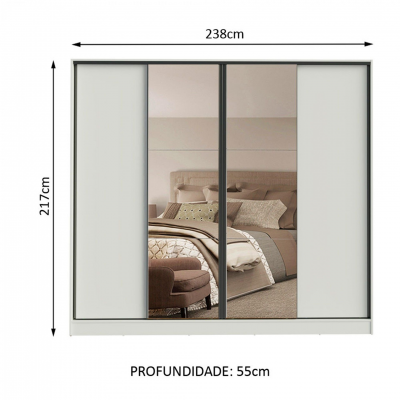 Roupeiro branco com portas espelhadas e dimensões indicadas