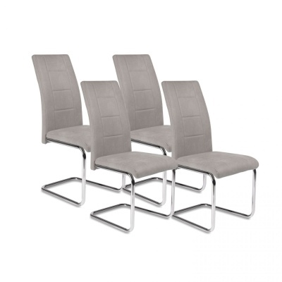 Conjunto de quatro cadeiras cinza claro com estrutura em metal cromado