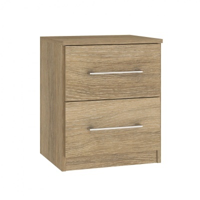 Mesa de cabeceira em madeira com duas gavetas e puxadores metálicos