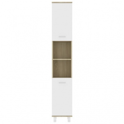 Móvel alto com portas brancas e prateleiras em madeira clara