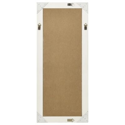 Moldura retangular branca vista pelo verso com suporte metálico para pendurar