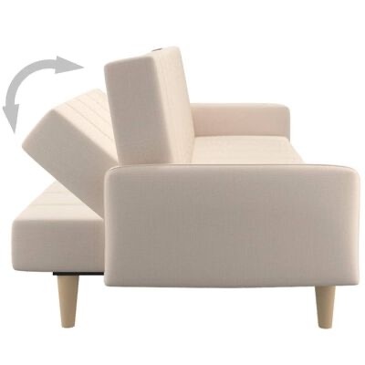 Sofá branco com assento dobrável e pernas de madeira clara