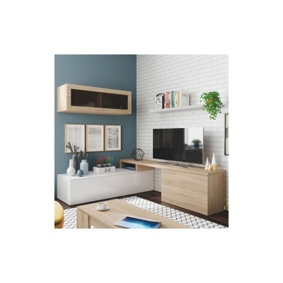 Sala moderna com móvel em madeira clara e branco, TV e decoração minimalista