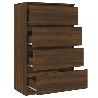 Cômoda de madeira castanho escuro com quatro gavetas abertas