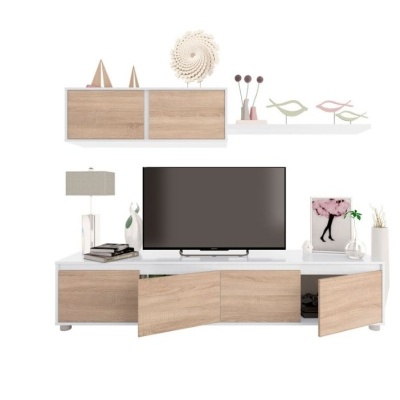 Móveis para sala em madeira clara e branca com televisão e decoração