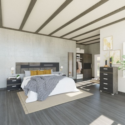 Quarto moderno com cama, mesas de cabeceira, cómoda e decoração em tons cinza e amarelo