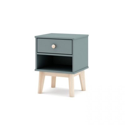 Mesa de cabeceira azul cinzento com gaveta e base em madeira clara