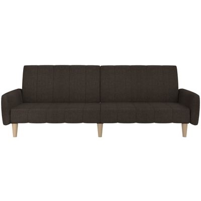 Sofá-cama castanho escuro com pés de madeira clara e braços curvos