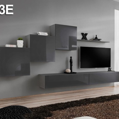 Conjunto de móveis de sala cinza escuro com acabamento brilhante e decoração minimalista