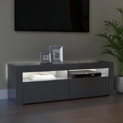 Móvel de TV cinzento escuro com iluminação LED e decoração simples